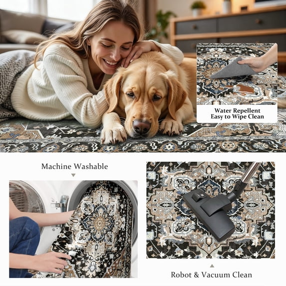 ATHOPE 6x9 Area Rugs for Living Room Bedroom, Washable Rugs with Non-Slip Backing, Large Vintage Distress Rugs Print Pattern Carpet, Black
