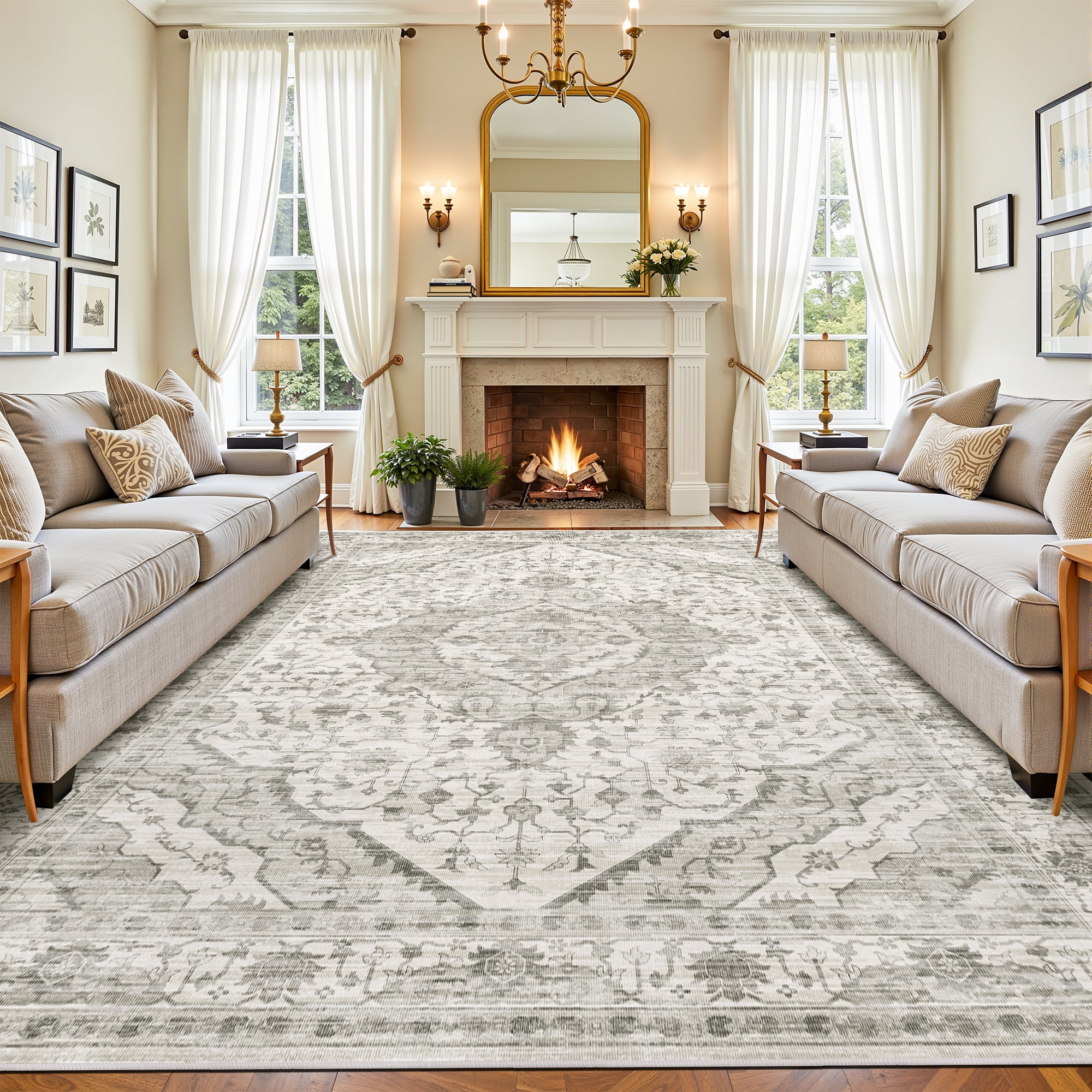 ATHOPE 6x9 Area Rugs for Living Room Bedroom, Washable Soft Rug with Non-Slip Backing, Large Floral Vintage Distress Print Pattern Carpet, Cream
