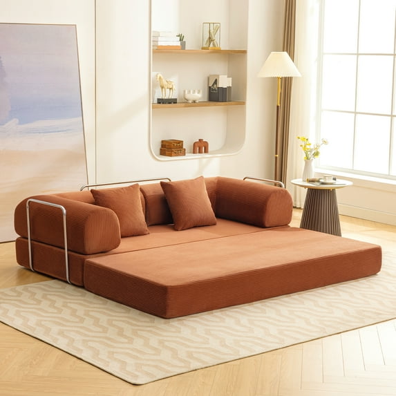 ATHOPE 78.7" Folding Convertible Sofa Bed, Oversized Corduroy Upholstered Boneless Couch, Loveseat Sleeper with Pull Out Bed, Floor Sofa Modular Futon Couch for Living Room Bedroom Lounge, Brown