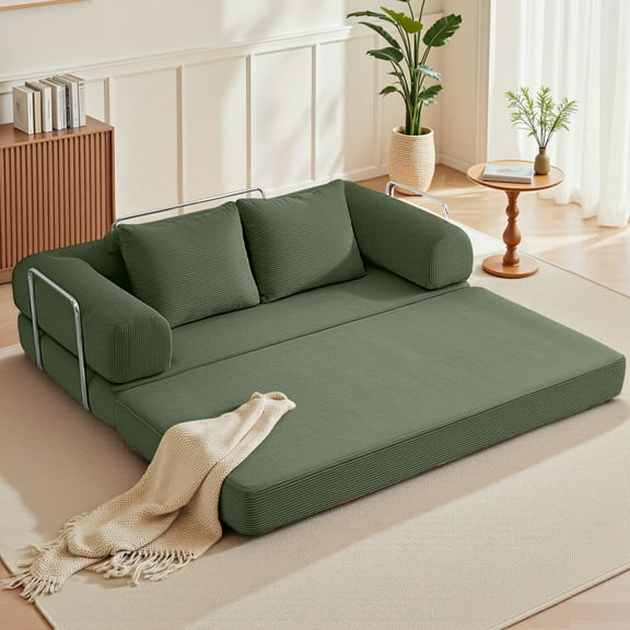 ATHOPE 78.7" Folding Convertible Sofa Bed, Oversized Corduroy Upholstered Boneless Couch, Loveseat Sleeper with Pull Out Bed, Floor Sofa Modular Futon Couch for Living Room Bedroom, Oliver Green