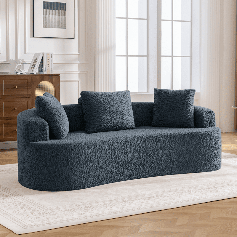 ATHOPE 86" Curved Cloud Couch, Boneless Sofa for Small Space, Plush Teddy Fabric Modern Couch with 3 Throw Pillows, Comfy Floor Love Seat for Living Room, Bedroom, Blue