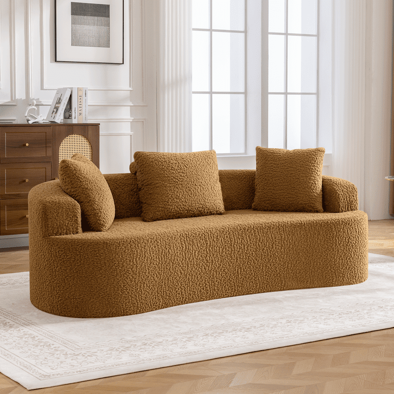 ATHOPE 86" Curved Cloud Couch, Boneless Sofa for Small Space, Plush Teddy Fabric Modern Couch with 3 Throw Pillows, Comfy Floor Love Seat for Living Room, Bedroom, Brown