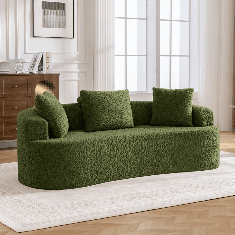 ATHOPE 86" Curved Cloud Couch, Boneless Sofa for Small Space, Plush Teddy Fabric Modern Couch with 3 Throw Pillows, Comfy Floor Love Seat for Living Room, Bedroom, Green