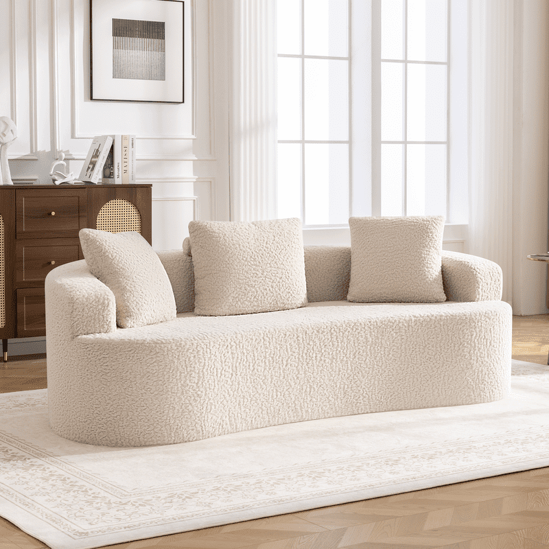 ATHOPE 86" Curved Cloud Couch, Boneless Sofa for Small Space, Plush Teddy Fabric Modern Couch with 3 Throw Pillows, Comfy Floor Love Seat for Living Room, Bedroom, White