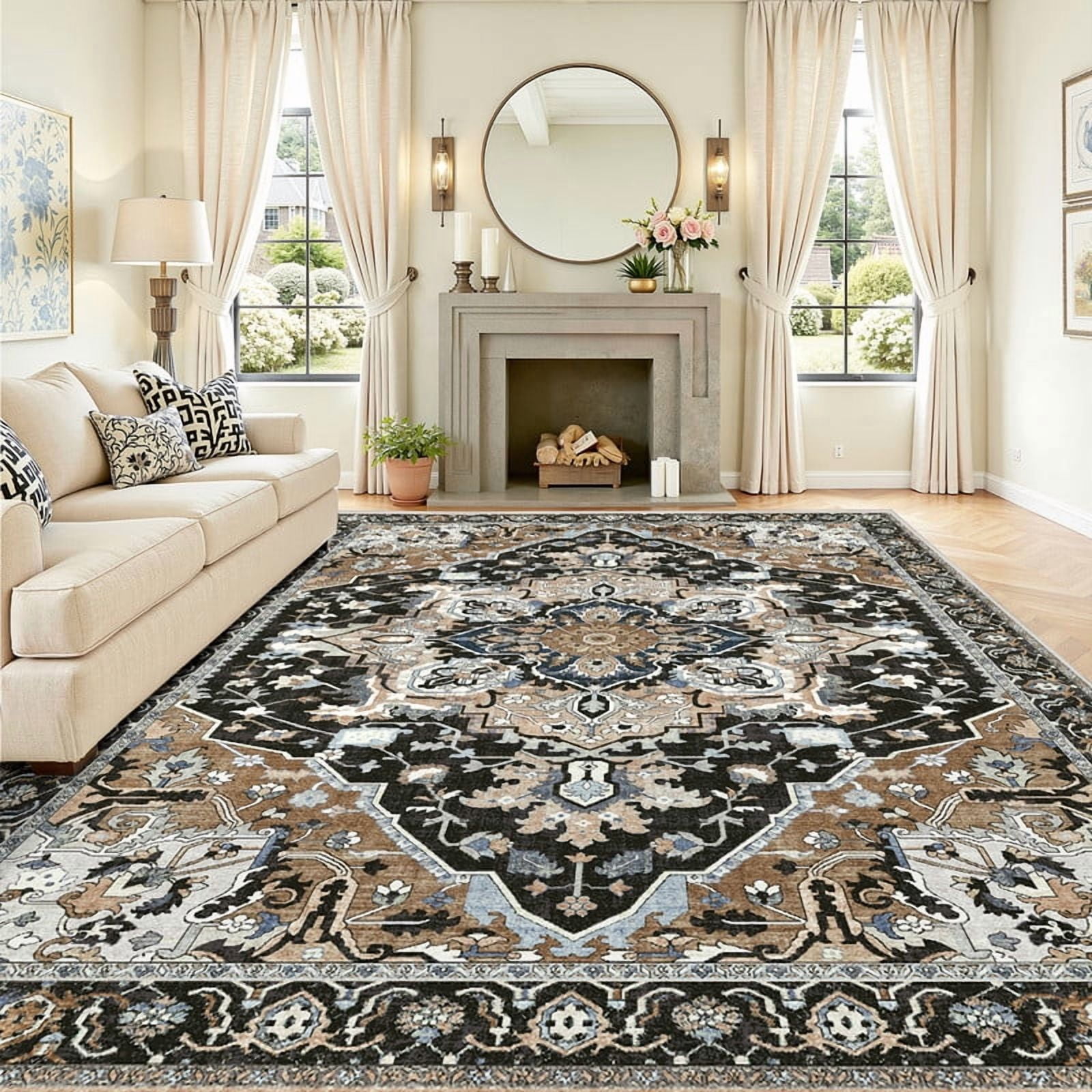 ATHOPE 8x10 Area Rugs for Living Room Bedroom, Washable Rugs with Non-Slip Backing, Large Vintage Distress Rugs Print Pattern Carpet, Black