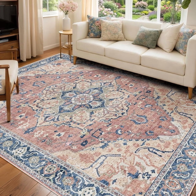 ATHOPE 8x10 Area Rugs for Living Room Bedroom, Washable Rugs with Non-Slip Backing, Large Vintage Distress Rugs Print Pattern Carpet, Pink