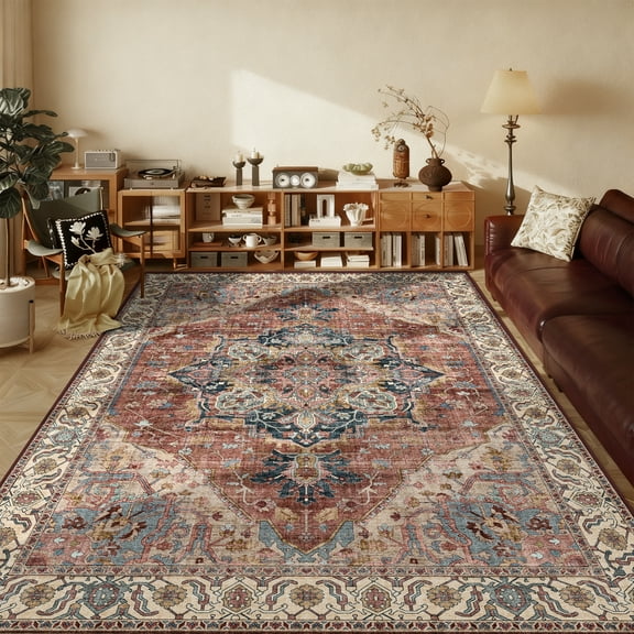 ATHOPE 8x10 Area Rugs for Living Room Bedroom, Washable Soft Rug with Non-Slip Backing, Large Floral Vintage Distress Print Pattern Carpet, Brick Red