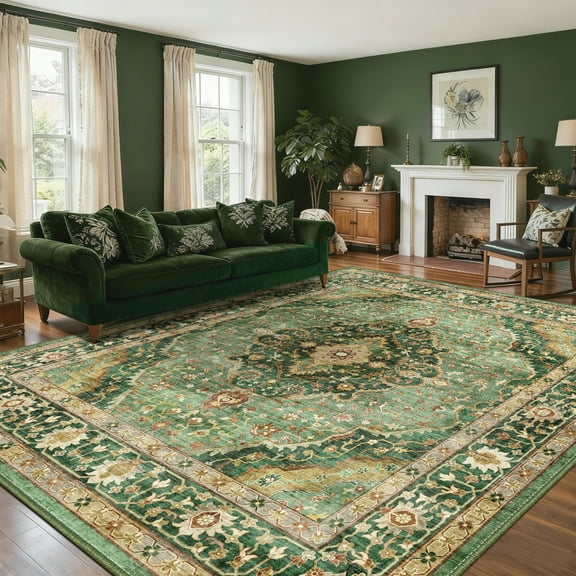 ATHOPE 8x10 Area Rugs for Living Room Bedroom, Washable Soft Rug with Non-Slip Backing, Large Floral Vintage Distress Print Pattern Carpet, Green