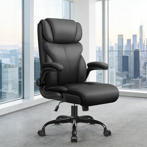 ATHOPE Leather Office Chair, Big and Tall Office Chair with Lumbar Support, High Back Executive Desk Chairs with Flip-up Armrest, Breathable PU Ergonomic Computer Chair, 360°Swivel Free, Black