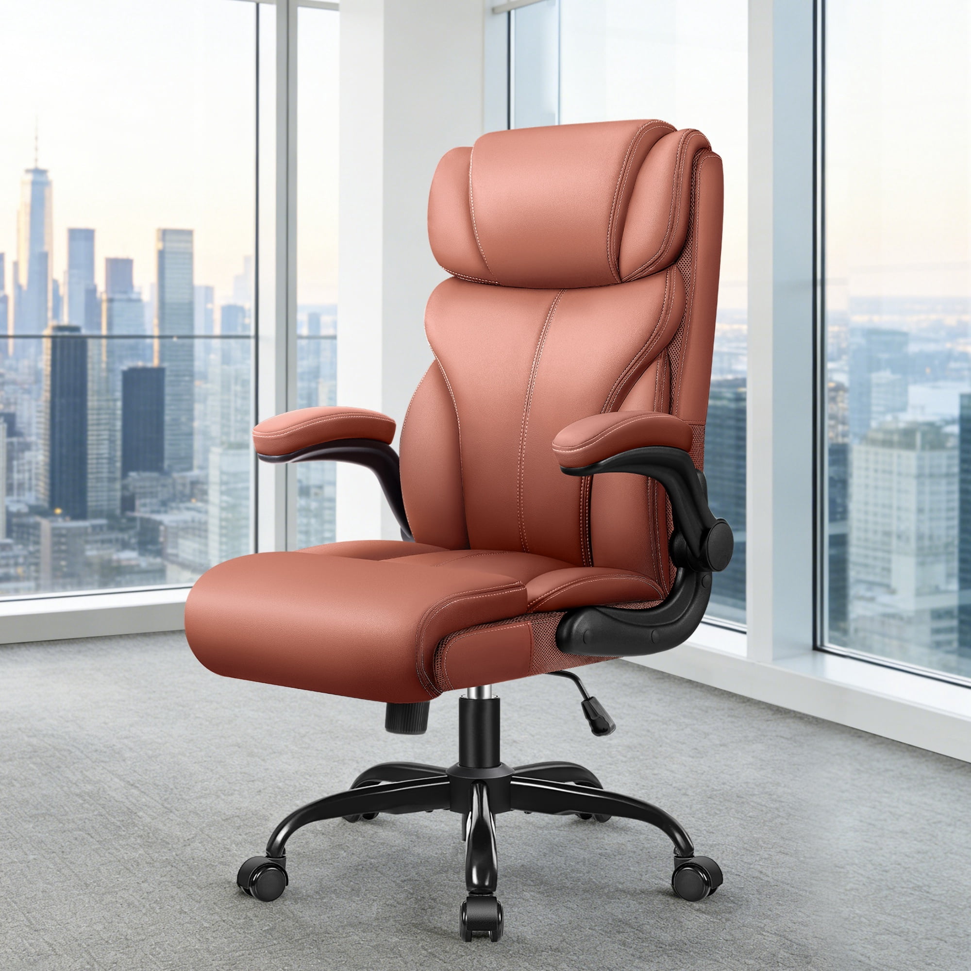 ATHOPE Leather Office Chair, Big and Tall Office Chair with Lumbar Support, High Back Executive Desk Chairs with Flip-up Armrest, Breathable PU Ergonomic Computer Chair, 360°Swivel Free, Brown