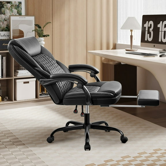 ATHOPE Leather Office Chair, Executive Office Chair with Footrest High Back Support, Big and Tall Ergonomic Desk Chair, Adjustment Computer Chair 360°Swivel Free, Black