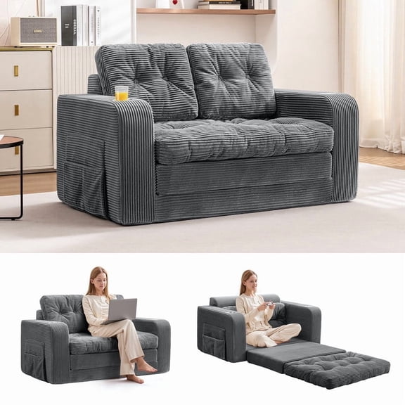 ATHOPE Convertible Sofa Bed, Pull Out Loveseat Sleeper Sofa, 2 in 1 Folding Couch Bed, Floor Couch with Pillows 2 Cup Holders for Living Room Bedroom Small Space, Gray