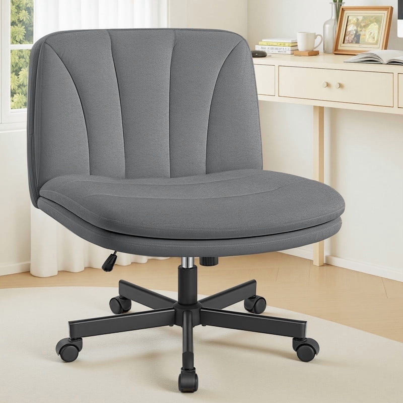 ATHOPE Criss Cross Chair with Wheels, 26"W Cross Legged Office Chair, Armless Vanity Desk Chair with 2 Layer Back & Seat, Swivel Height Ajustable for Home Office Bedroom, Gray Velvet