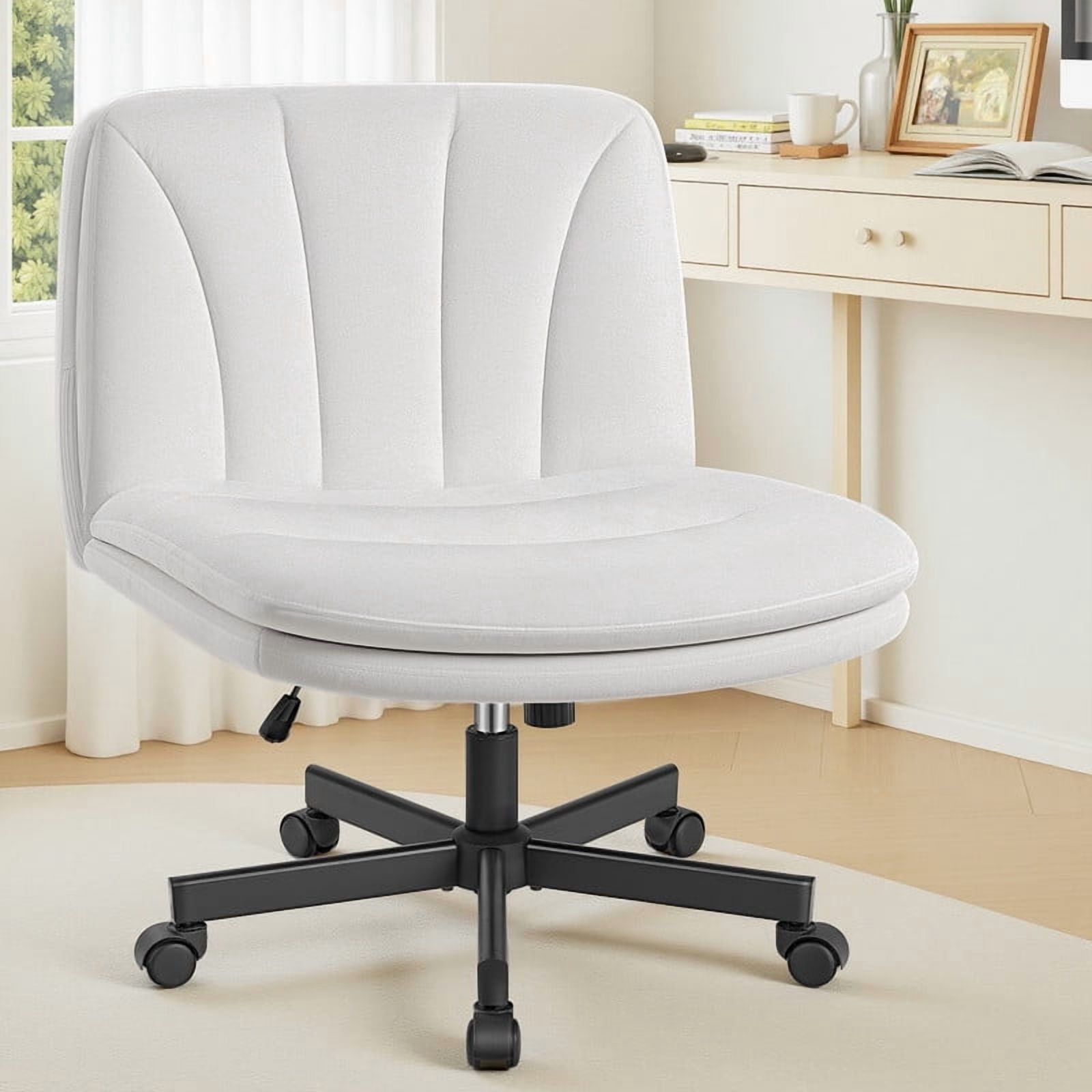 ATHOPE Criss Cross Chair with Wheels, 26"W Cross Legged Office Chair, Armless Vanity Desk Chair with 2 Layer Back & Seat, Swivel Height Ajustable for Home Office Bedroom, White Velvet