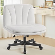 ATHOPE Criss Cross Chair with Wheels, 26W Cross Legged Office Chair, Armless Vanity Desk Chair with 2 Layer Back & Seat, Swivel Height Ajustable for Home Office Bedroom, White Velvet