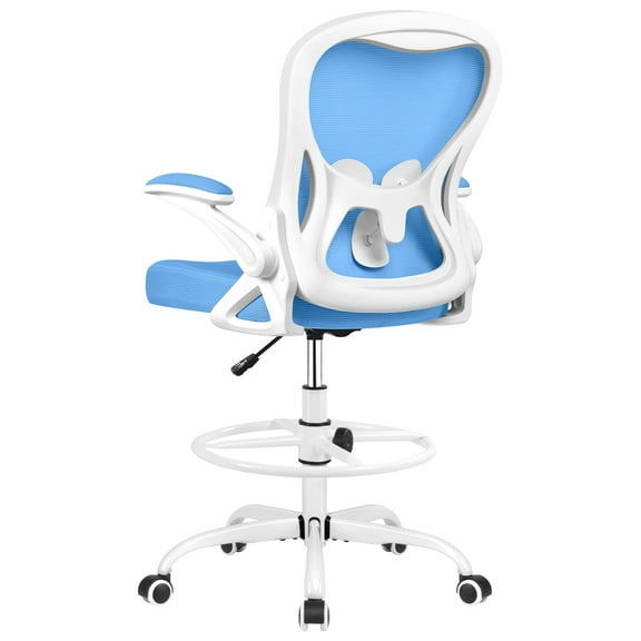 ATHOPE Drafting Chair Tall Office Chair with Flip-Up Armrests, Height Adjustable Ergonomic Computer Standing Desk Chair with Lumbar Support and Footrest Ring, Blue