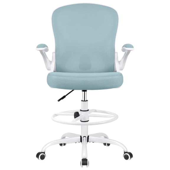 ATHOPE Drafting Chair Tall Office Chair with Flip-Up Armrests, Height Adjustable Ergonomic Computer Standing Desk Chair with Lumbar Support and Footrest Ring, Light Blue