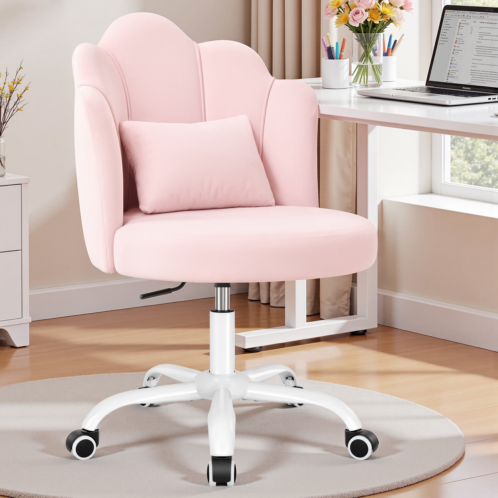 ATHOPE Vanity chair Velvet Petal Office Chair Modern Tufted Home Office Chair with Backrest, Height Adjustable Computer Work Chair for Bedroom Living Room, Pink