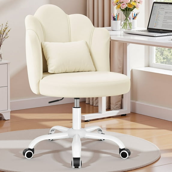 ATHOPE Vanity chair Velvet Petal Office Chair Modern Tufted Home Office Chair with Backrest, Height Adjustable Computer Work Chair for Bedroom Living Room,White