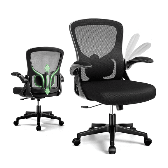 ATHOPE Ergonomic Office Chair with Adjustable Lumbar Support & Flip-up Armrests, Heavy Duty Mesh Desk Chair, Breathable Computer Chair for Home Office & Study, Black