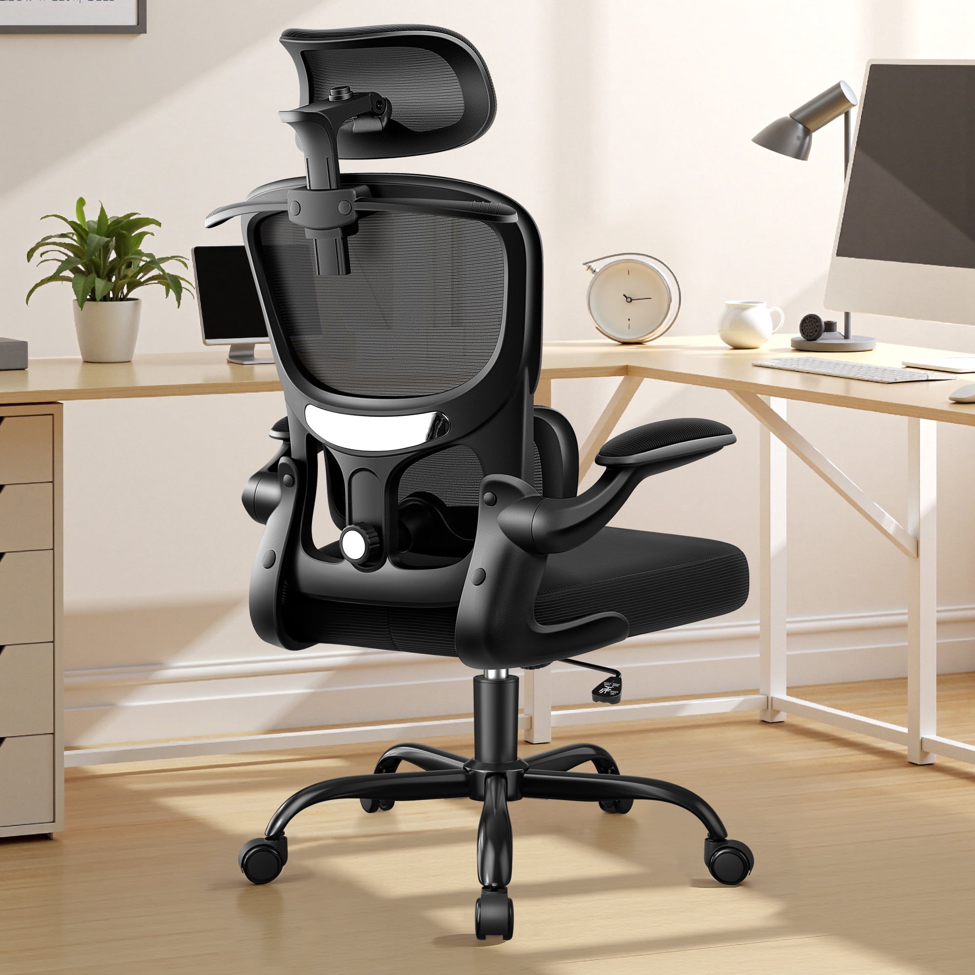 ATHOPE Ergonomic Office Chair, Desk Chair with Adjustment Lumbar Support and Headrest, Mesh Comfy High Back Computer Chair with Flip Up Arms for Home Office, Black
