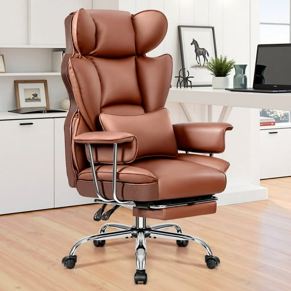 ATHOPE Executive Leather Office Chair 500lbs, Big and Tall Desk Chair with Footrest, High Back Ergonomic Reclining Computer Chair, High-Density Foam, Heavy Duty Swivel Rolling Chair, Brown