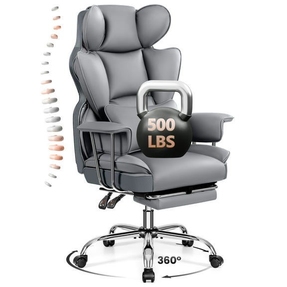 ATHOPE Executive Leather Office Chair 500lbs, Big and Tall Desk Chair with Footrest, High Back Ergonomic Reclining Computer Chair, High-Density Foam, Heavy Duty Swivel Rolling Chair, Gray