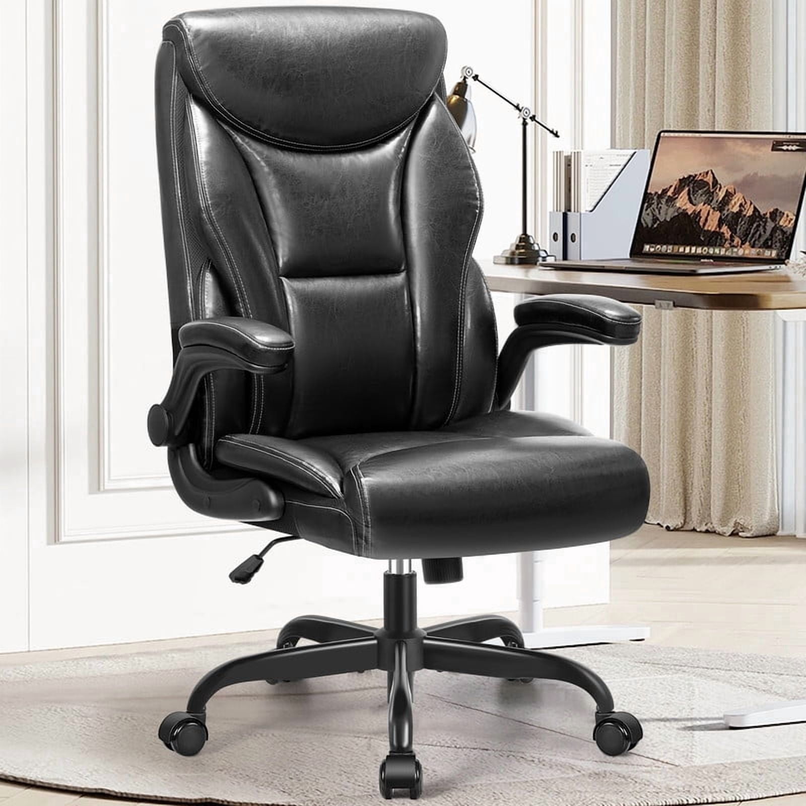 ATHOPE Executive Office Chair, Leather Office Chair with High Back Flip Up Armrests, Height Adjustable Comfy Desk Chair with Wheels, Ergonomic Computer Chair, Black