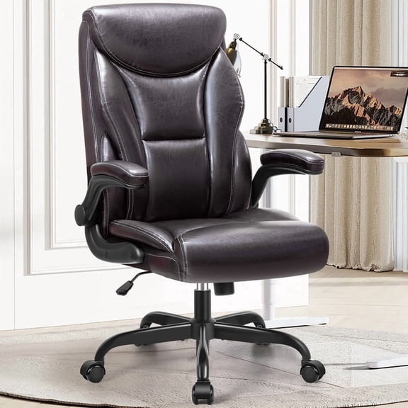 ATHOPE Executive Office Chair, Leather Office Chair with High Back Flip Up Armrests, Height Adjustable Comfy Desk Chair with Wheels, Ergonomic Computer Chair, Brown