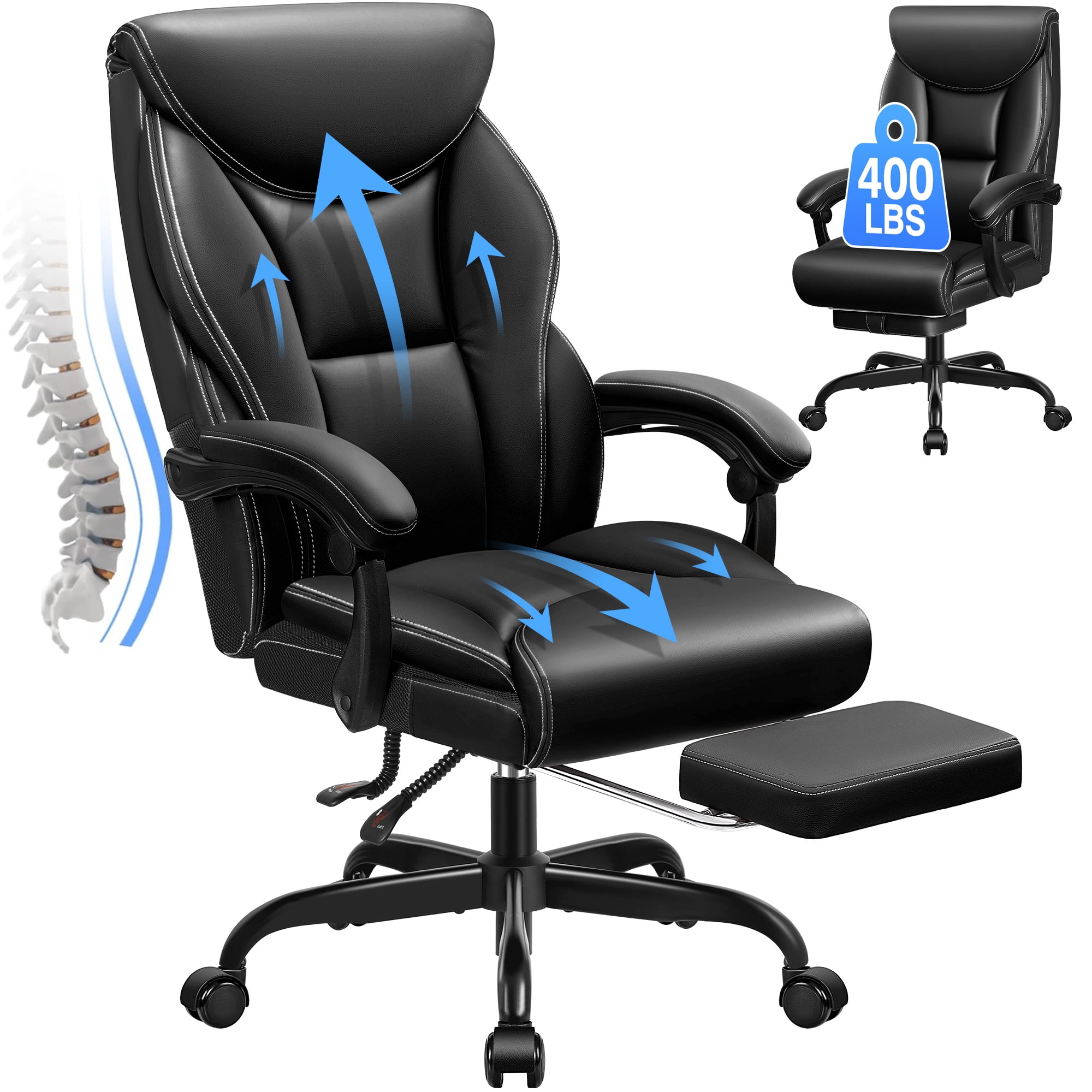 ATHOPE Leather Office Chair 400Lbs, Executive Office Chair with Footrest High Back Support, Big and Tall Ergonomic Desk Chair, Adjustment Computer Chair 360°Swivel Free, Black