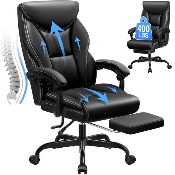 ATHOPE Leather Office Chair 400Lbs, Executive Office Chair with Footrest High Back Support, Big and Tall Ergonomic Desk Chair, Adjustment Computer Chair 360°Swivel Free, Black