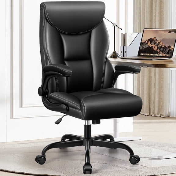 ATHOPE Executive Office Chair, Leather Office Chair with High Back Flip Up Armrests, Height Adjustable Comfy Desk Chair with Wheels, Ergonomic Computer Chair, Matte Black