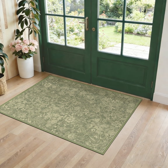 ATHOPE Floral 2x3 Area Rug, Machine Washable Rugs Soft Non Slip Low Pile Rugs for Living Room Bedroom Nursery Kitchen Dining Room Indoor, Small Floral Print Pattern Carpet, Sage Green