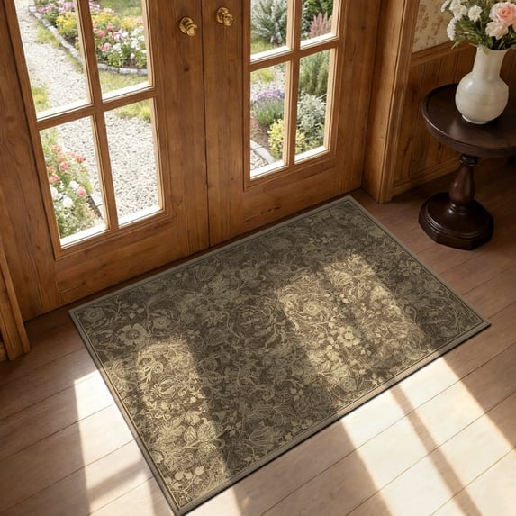 ATHOPE Floral 2x3 Area Rug, Machine Washable Rugs Soft Non Slip Low Pile Rugs for Living Room Bedroom Nursery Kitchen Dining Room Indoor, Small Floral Print Pattern Carpet, Brown
