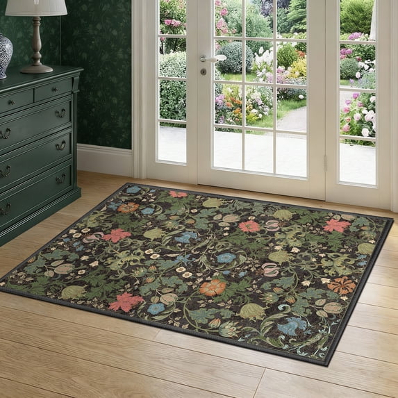 ATHOPE Floral 2x3 Area Rug, Machine Washable Rugs Soft Non Slip Low Pile Rugs for Living Room Bedroom Nursery Kitchen Dining Room Indoor, Small Floral Print Pattern Carpet, Dark Green