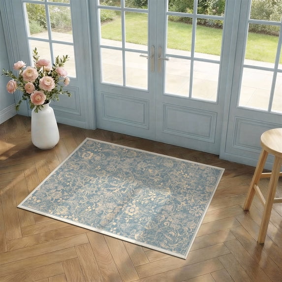 ATHOPE Floral 2x3 Area Rug, Machine Washable Rugs Soft Non Slip Low Pile Rugs for Living Room Bedroom Nursery Kitchen Dining Room Indoor, Small Floral Print Pattern Carpet, Blue