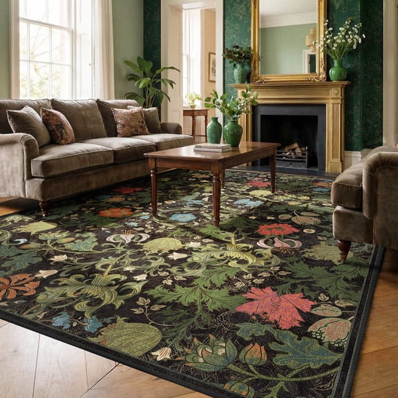 ATHOPE Floral 5x7 Area Rug, Machine Washable Rugs Soft Non Slip Low Pile Rugs for Living Room Bedroom Nursery Kitchen Dining Room Indoor, Large Floral Print Pattern Carpet, Dark Green