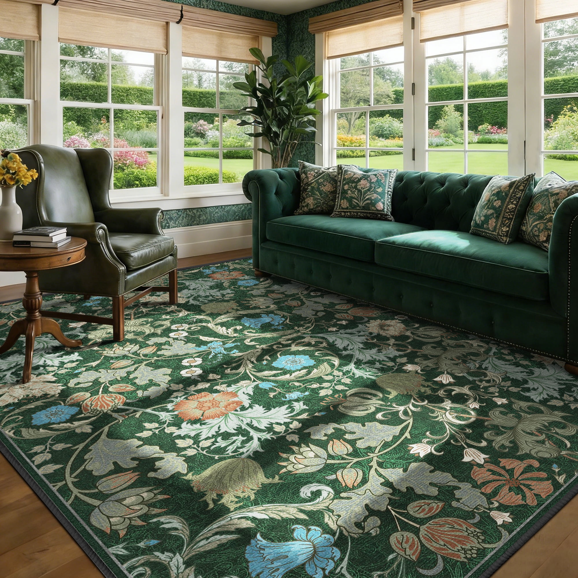 ATHOPE Floral 5x7 Area Rug, Machine Washable Rugs Soft Non Slip Low Pile Rugs for Living Room Bedroom Nursery Kitchen Dining Room Indoor, Large Floral Print Pattern Carpet, Forest Green