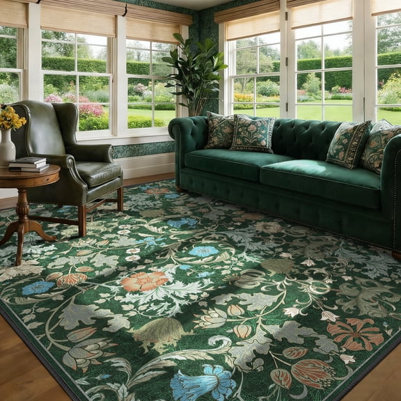 ATHOPE Floral 5x7 Area Rug, Machine Washable Rugs Soft Non Slip Low Pile Rugs for Living Room Bedroom Nursery Kitchen Dining Room Indoor, Large Floral Print Pattern Carpet, Forest Green