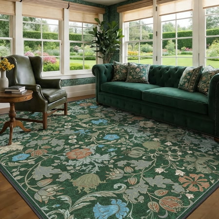 ATHOPE Floral 5x7 Area Rug, Machine Washable Rugs Soft Non Slip Low Pile Rugs for Living Room Bedroom Nursery Kitchen Dining Room Indoor, Large Floral Print Pattern Carpet, Forest Green