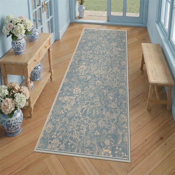 ATHOPE Floral 2x6 Area Rug, Machine Washable Rugs Soft Non Slip Low Pile Rugs for Living Room Bedroom Nursery Kitchen Dining Room Indoor, Floral Print Pattern Runner Carpet, Blue