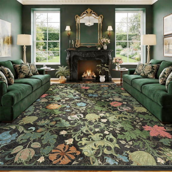ATHOPE Floral 8x10 Area Rug, Machine Washable Rugs Soft Non Slip Low Pile Rugs for Living Room Bedroom Nursery Kitchen Dining Room Indoor, Large Floral Print Pattern Carpet, Dark Green