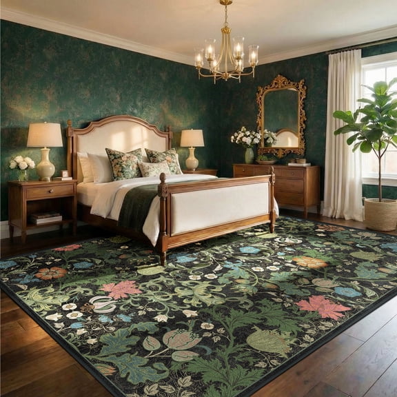 ATHOPE Floral 8x10 Area Rug, Machine Washable Rugs Soft Non Slip Low Pile Rugs for Living Room Bedroom Nursery Kitchen Dining Room Indoor, Large Floral Print Pattern Carpet, Dark Green