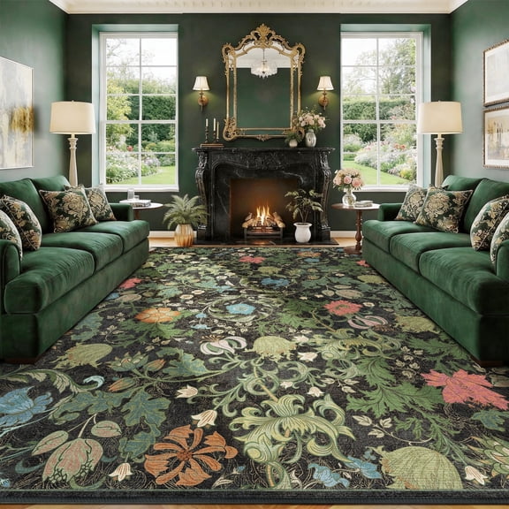 ATHOPE Floral 8x10 Area Rug, Machine Washable Rugs Soft Non Slip Low Pile Rugs for Living Room Bedroom Nursery Kitchen Dining Room Indoor, Large Floral Print Pattern Carpet, Dark Green