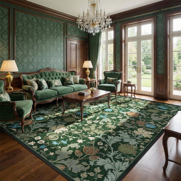ATHOPE Floral 8x10 Area Rug, Machine Washable Rugs Soft Non Slip Low Pile Rugs for Living Room Bedroom Nursery Kitchen Dining Room Indoor, Large Floral Print Pattern Carpet, Forest Green