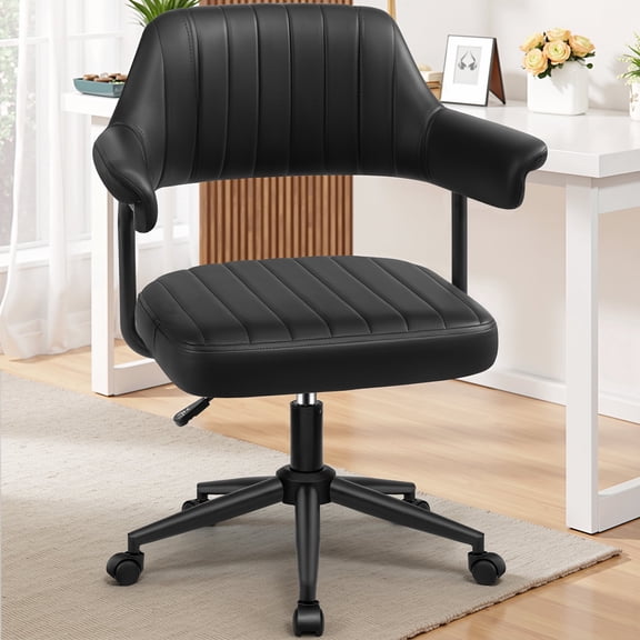 ATHOPE Home Office Chair, Executive Small Leather Office Chair, Desk Chair Comfy with Arms, Height Adjustable Swivel Computer Chair with Lumbar Support, Black