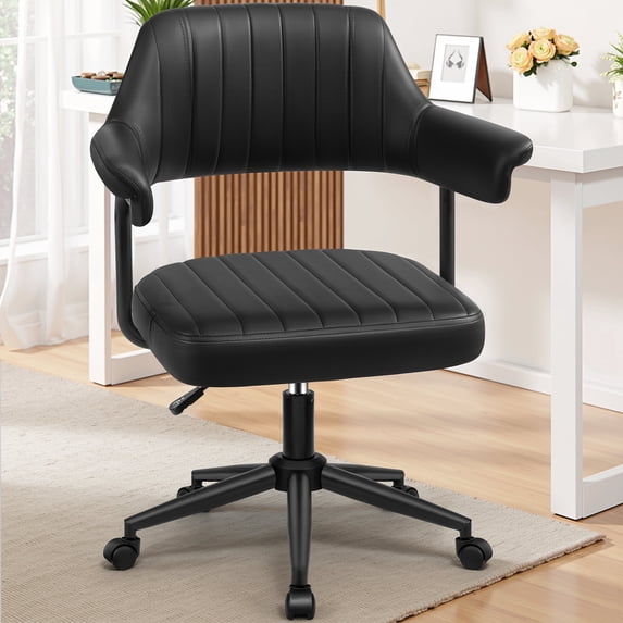 ATHOPE Home Office Chair, Executive Small Leather Office Chair, Desk Chair Comfy with Arms, Height Adjustable Swivel Computer Chair with Lumbar Support, Black