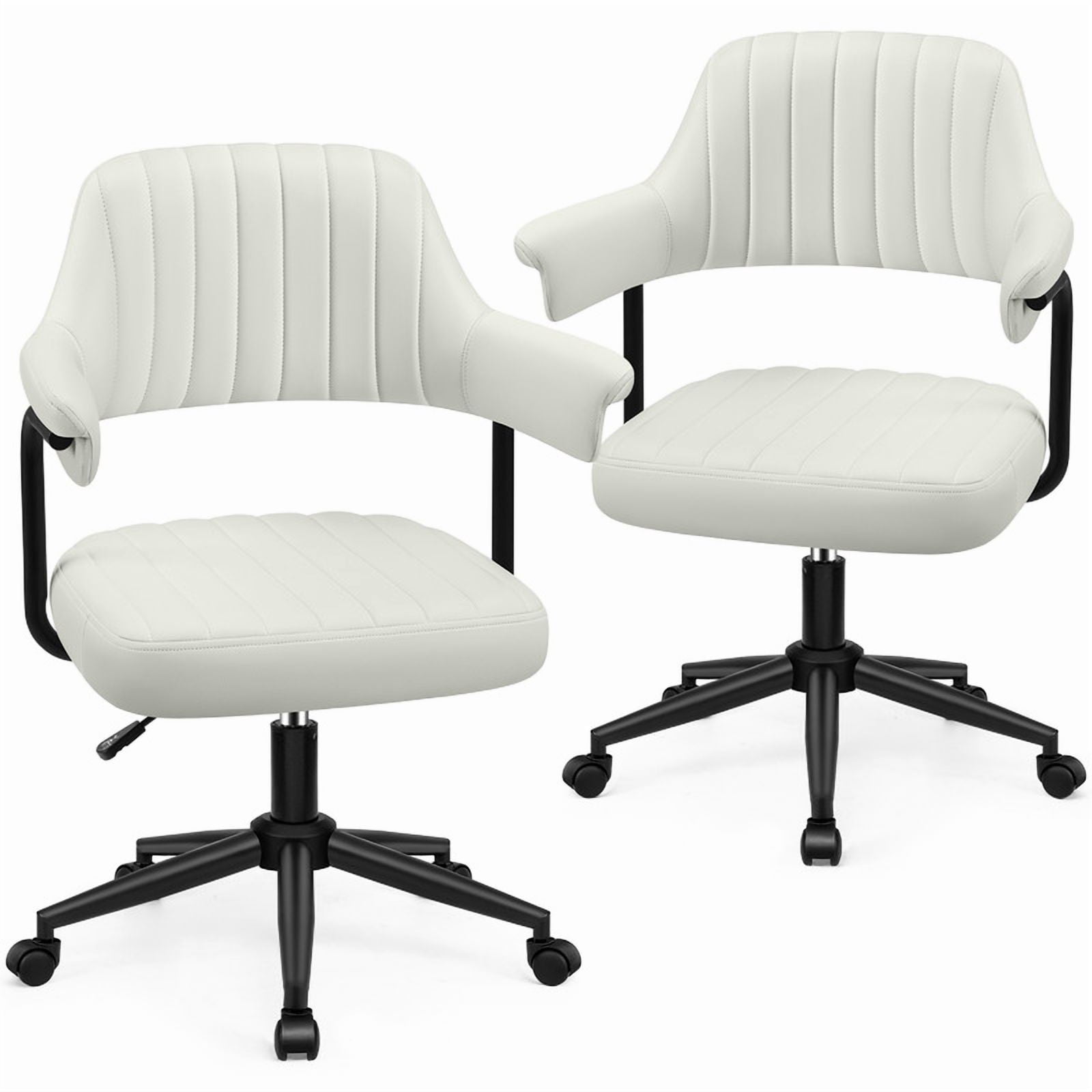ATHOPE Home Office Chair Set of 2, Executive Small Leather Office Chair, Desk Chair Comfy with Arms, Height Adjustable Swivel Computer Chair with Lumbar Support, White