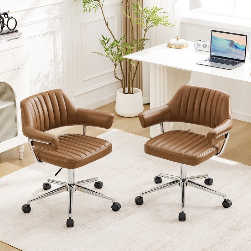 ATHOPE Home Office Desk Chair Set of 2, Modern Office Chair with Wheels, Small Comfy Desk Chair with Arms, Low Back Computer Chair, Swivel Flffy Vanity Chair, Rusty Red