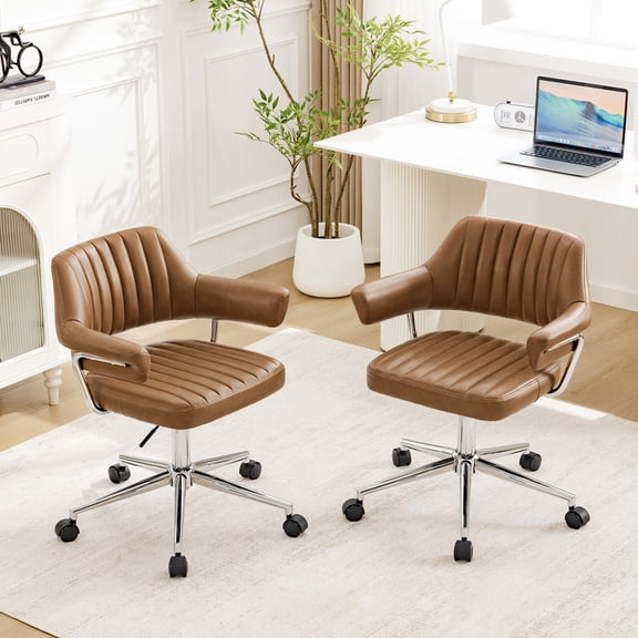 ATHOPE Home Office Desk Chair Set of 2, Modern Office Chair with Wheels, Small Comfy Desk Chair with Arms, Low Back Computer Chair, Swivel Flffy Vanity Chair, Rusty Red